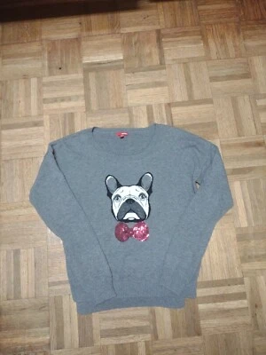 Suéter Bongo gris para mujer. Bulldog Francés con Arco Rojo Talla Grande Foto 1 de 4