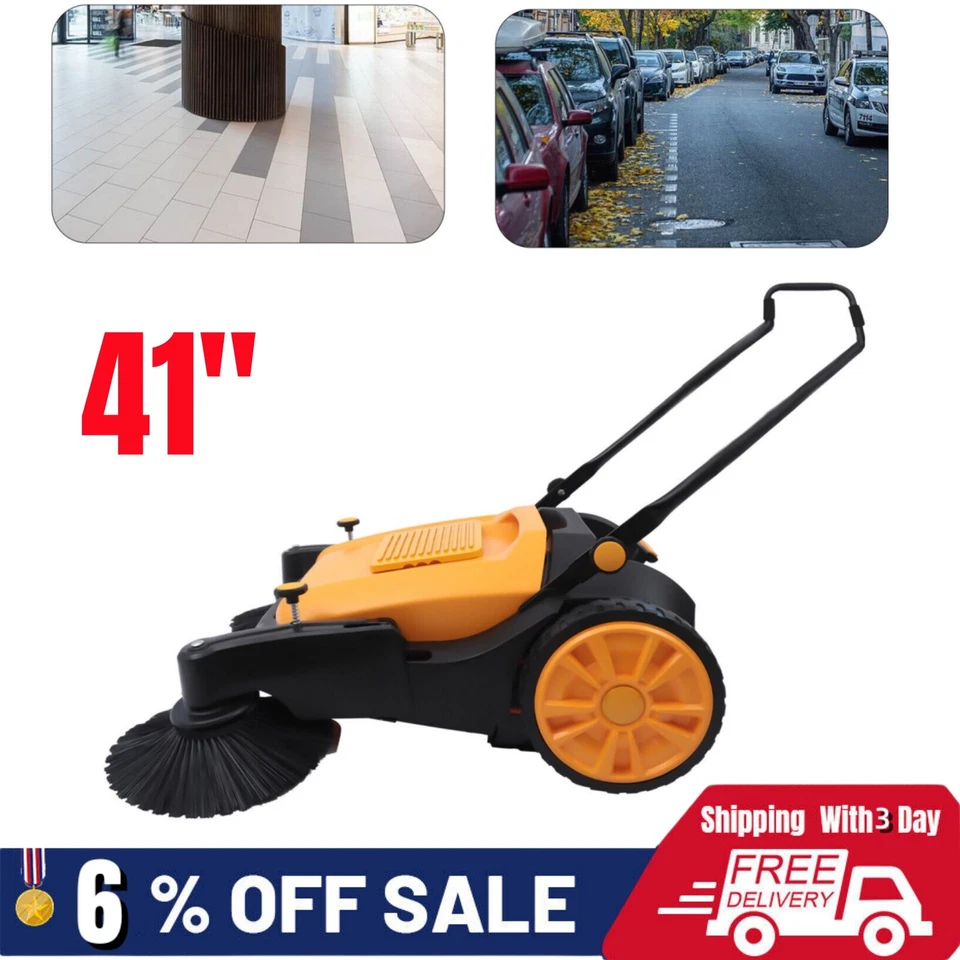 41"Outdoor Hand Push Sweeper Street Pavement Broom Floor Sweeping Cleaning Tool - Image 1 of 4