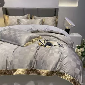 Cotton Bedding Set Gold Embroidery Duvet Cover Set Bed Sheet Pillowcases - Picture 1 of 26