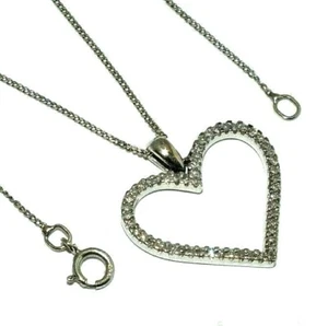 Mujer 9ct Oro Blanco Colgante Corazón Abierto Set con Diamantes en Un Cadena - Imagen 1 de 8