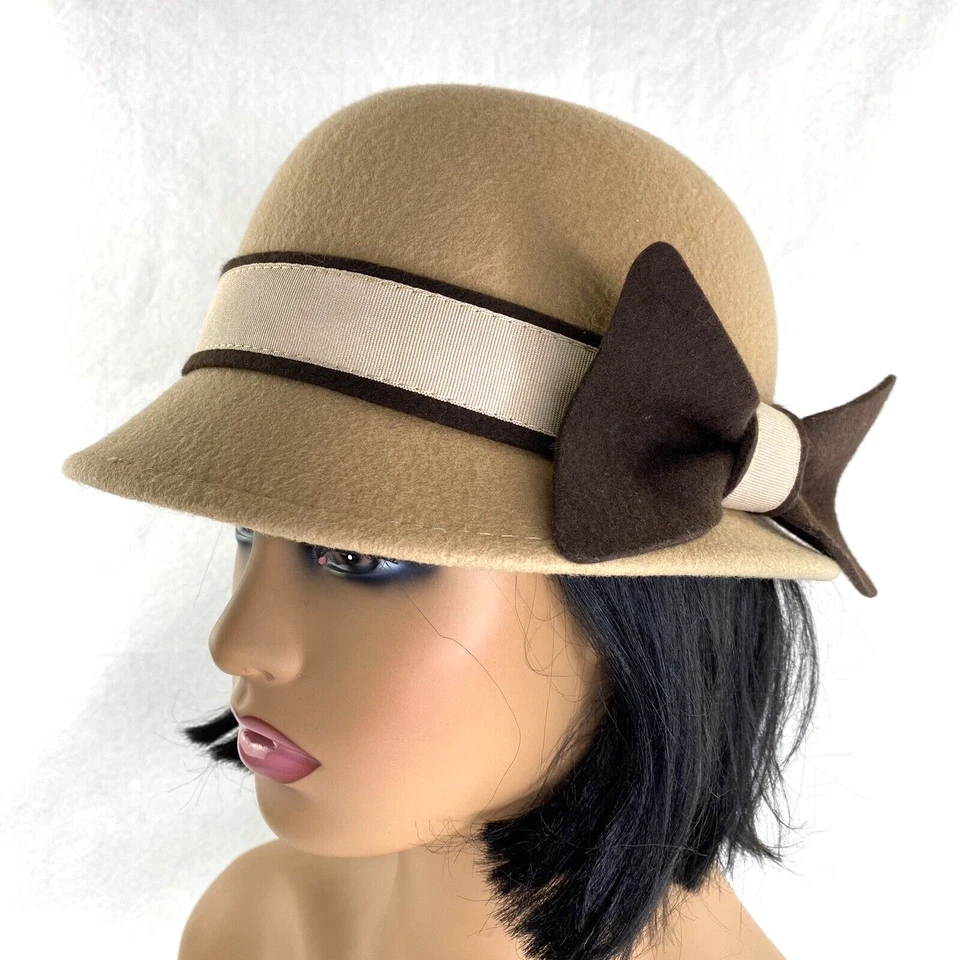 Magid шляпы шерсти Cloche вниз поля шляпа бежевый декоративный двухцветный коричневый бант - Изображение 1 из 4