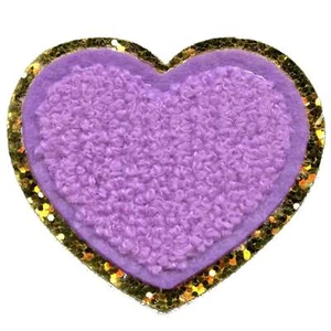 Lovely Purple Heart Patch Cute Golden Girly Chenille Iron On - Picture 1 of 2