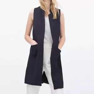 ZARA WAISTCOAT CORPORATE LONG LINE SIZE XS NAVY - Picture 1 of 7
