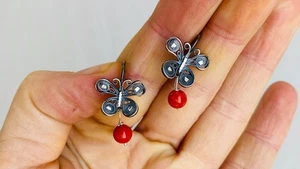 Oaxacan Filigree Earrings. Coral & Silver. Butterflies. Mexico. 0424 - Picture 1 of 5