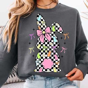 Retro Bunny T-Shirt, Pink Easter Bow, Retro Checkered Easter, Floral Spring - Picture 1 of 8