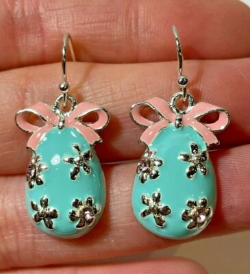 Nwt Rosa Pastello Acqua Smalto Fiocco Strass Uovo di Pasqua Argento T Gancio - Immagine 1 di 4