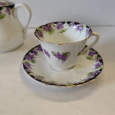 Vintage Royal Doulton Teacup And Saucer, Floral, Violets With Black & Gold Trim  - Image 1 of 4