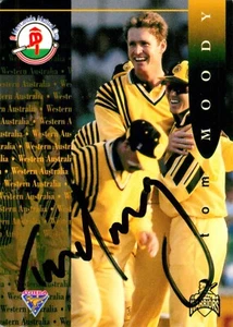 Signed 1995 1996 WESTERN AUSTRALIA WARRIORS Cricket Card TOM MOODY BBL  - Picture 1 of 2