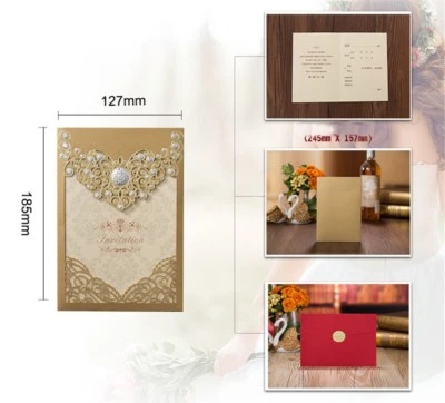 Tarjeta de invitación de boda roja dorada con sobre + sello + impresión personalizada Foto 1 de 4