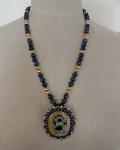 COLLANA PERLINE VINTAGE NATIVI AMERICANI ZUNI KACHINA Argento Sterling & Oro Giallo 14K - Foto 1 di 10