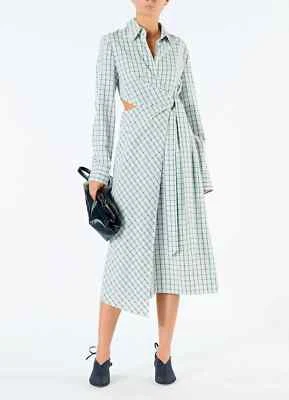 TIBI Elliot Check Cut Out Wrap Dress Midi Mint Green Light Plaid Shirt 4 Foto 1 de 4