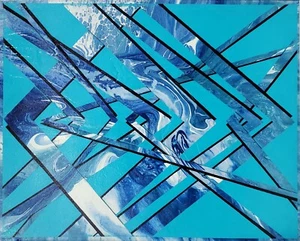 3-D Art, 'Blue Angles' Original Embellished Poured Acrylic Paint On 16x20 Canvas - Picture 1 of 4
