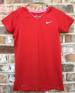 Nike Pro Dri-Fit Red White V-neck Short Sleeve Fitted Running Yoga T-shirt Small - Picture 1 of 5