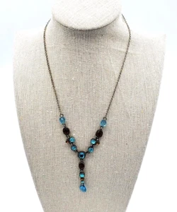 Vintage Nina Ricci Stamped Blue Amber Lariat Style Silver Tone Chain Necklace 15 - Picture 1 of 4