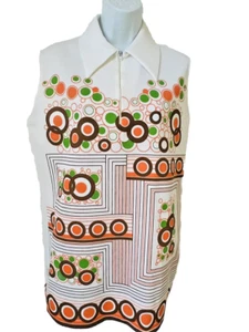 Vintage 70s Montgomery Wards Mod Tunika Top Wide Revers 1/4 Zip Geometric Circles L* - Bild 1 von 24