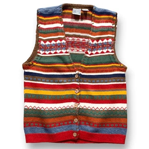 Vintage 90s Knit Sweater Vest Striped Multicolor Button Front Small Rustic Boho - Picture 1 of 10