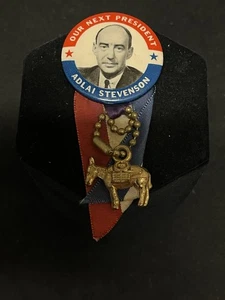 1952 ADLAI STEVENSON campaign pin pinback button political w Ribbon & Donkey - Picture 1 of 4