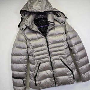 Andrew Marc Goose Down Puffer Jacket Women XS Silver Metallic 650 Fill Warm Coat - Picture 1 of 24