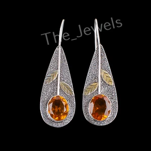 Handcrafted Citrine Gemstone 925 Sterling Silver Jewelry Two-Tone Earrings 2.00" - Picture 1 of 6