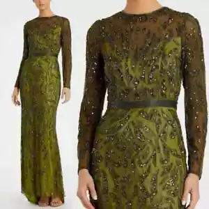 NWT Mac Duggal Beaded Long Sleeve Evening Gown 5124 OLIVE GREEN SZ 14 - Picture 1 of 9