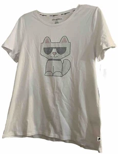 Karl Lagerfeld T-Shirt Women's 🎁❤️Cat Logo Rhinestones White Sz.L NWT - Picture 1 of 7
