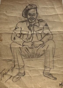 ARTIST UNKNOWN SIGNED PENCIL "BRITISH SOLDIER UNIFORM & BERET" C 1945 - Imagen 1 de 6
