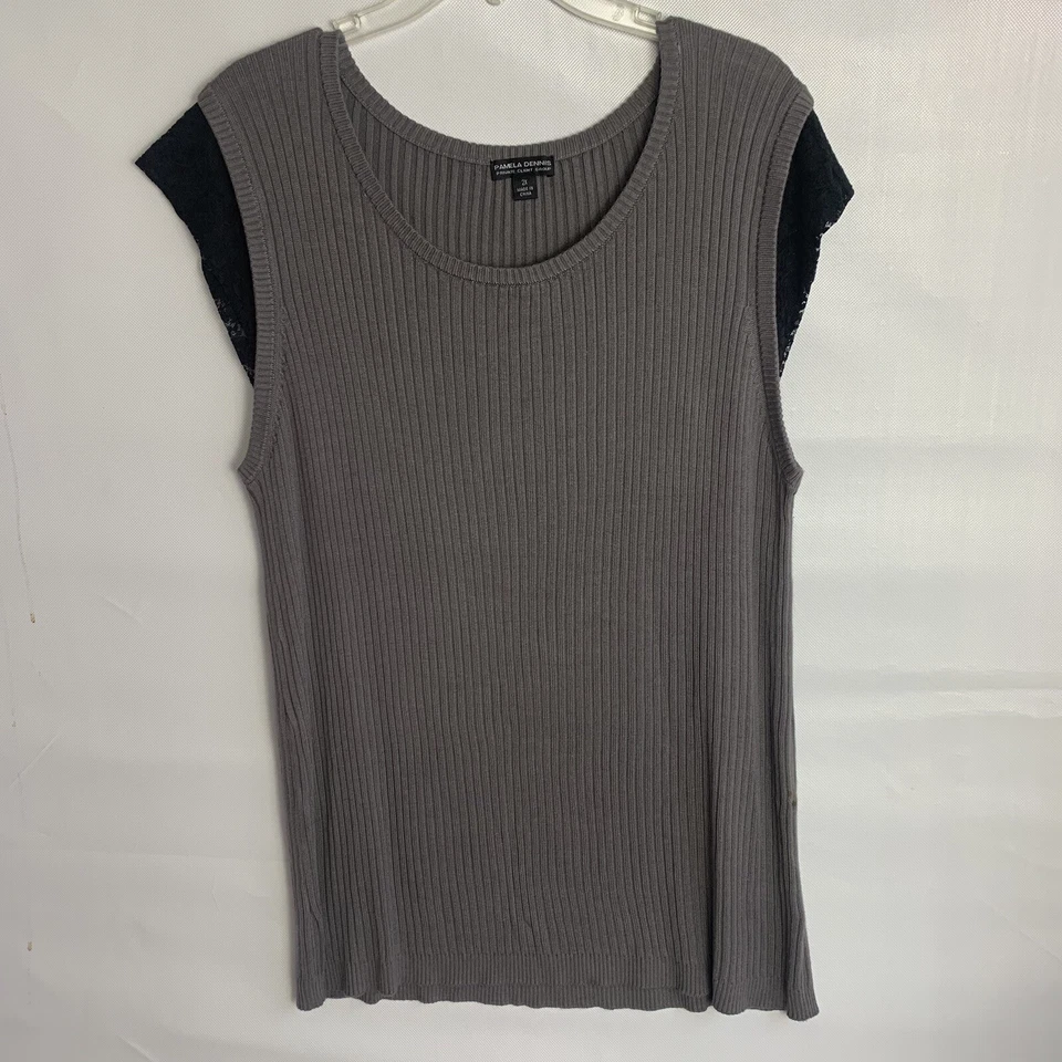 Pamela Dennis Womans Ribbed Cap Lace Short Sleeve Sweater Gray Plus Size 2X - Imagem 1 de 4
