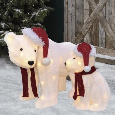 NORTH POLE MOTHER & CHILD POLAR BEARS WEARING SANTA HAT & SCARVES TINSEL PRE LIT - Image 1 of 3
