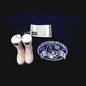 Vintage National Guard Belt Buckle/New Army Boots Christmas Ornament Combo - Picture 1 of 12