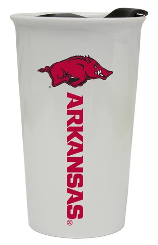ARKANSAS RAZORBACKS 12OZ CERAMIC TUMBLER-ARKANSAS TRAVEL MUG w/ LID Cover