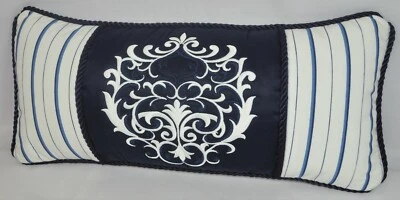 Embroidered Medallion Pillow made w Ralph Lauren Porcelain Stripe Fabric 19x9 - Image 1 of 3