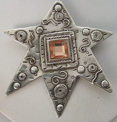 罕见抽象 1987 年 Deborah Roberts 大号纯银星星别针带粉红色水钻 40 克 — 第 1/4 张图片