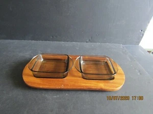 1-MID CENTURY MODERN-1960er Jahre-HOLZ SNACK TABLETT-2 GLASEINSÄTZE - Bild 1 von 3