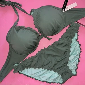 Victoria's Secret 34DDD BIKINI S ruffled Cheeky bottom OLIVE GREEN ruffled - Picture 1 of 3