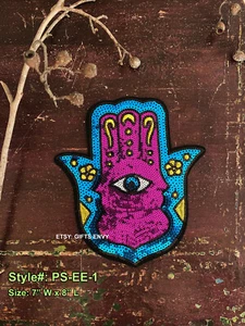 Iron-On Hamsa Hand & Evil Eye Sequin Appliqué Patch - DIY Clothes Patch #PS-EE-1 - Picture 1 of 5