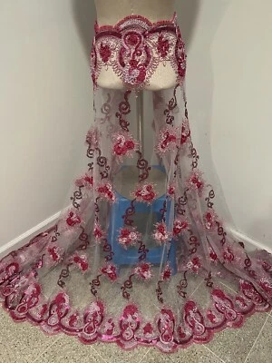 PINK WHITE Sequins Embroidery Lace Fabric 50” Width 1 Yard - Image 1 of 4