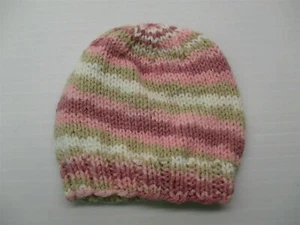 new HANDMADE Hat Baby Girl's Winter Pink/White Stripe Crochet Beanie  - Picture 1 of 6