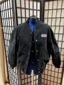 Vintage 90er Herren No Fear schwarz Wildleder Leder Druckknopf Bomberjacke Gr. Lg - Bild 1 von 7