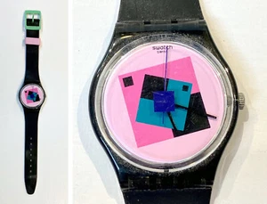 swatch women's crazy square pink dial black rubber unisex watch ga109 untested - Picture 1 of 20