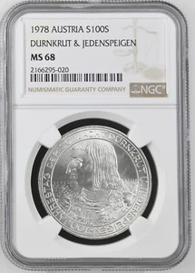 1978 Austria 100 Schilling Schlacht von Dürnkrut Silver Coin - NGC MS 68 UC - Picture 1 of 2