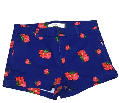 Pantalones Cortos Botín Abercrombie & Fitch Talla 4 Cintura 27 Azul Elastizado con Flores Rosas Foto 1 de 4