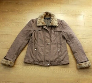 French Connection Biker Jacket Ladies Style Faux Fur Collard Beige Size UK 14 - Picture 1 of 12