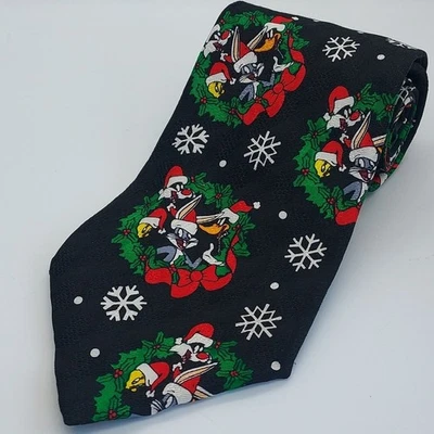 Vintage Looney Tunes Christmas themed 100% silk men's neck tie - Image 1 of 4