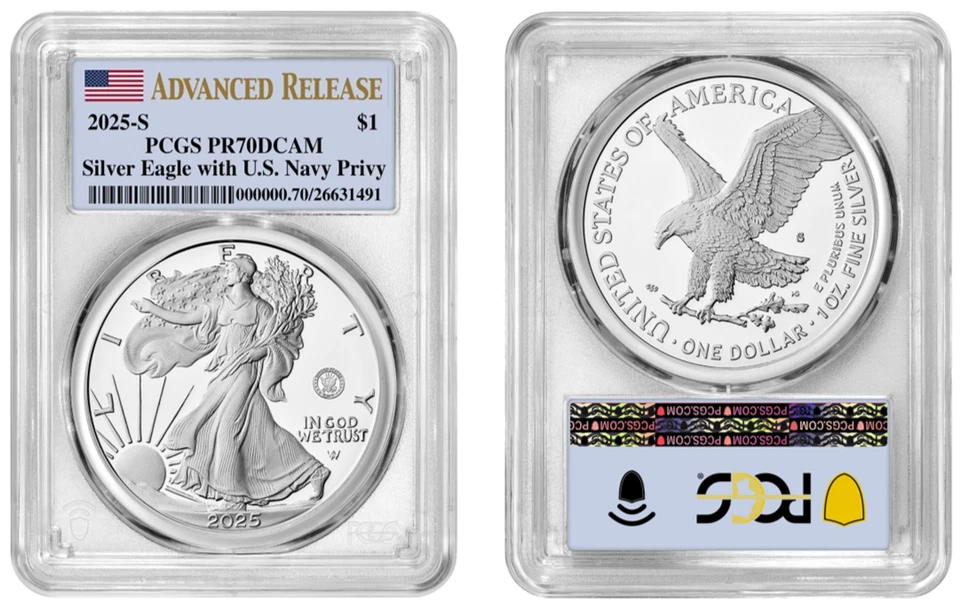 2025 S Silver Eagle $1 US Navy Privy PCGS PR70DCAM Advanced Release #695 - Image 1 of 1