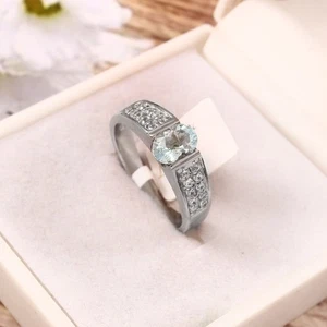 Aquamarine Ring - 925 Sterling Silver Jewelry - Oval Gemstone Pave Diamond Band - Picture 1 of 10