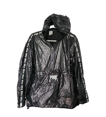 PINK Victoria's Secret Women Bomber Jacket OVERSIZED Black Windbreaker Hoodie-€ - Image 1 of 4