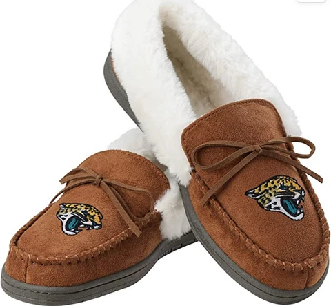 JACKSONVILLE JAGUARS WOMENS SLIPPERS M TAN MOCCASIN FAUX FUR LINED CLASSIC NIB Cover