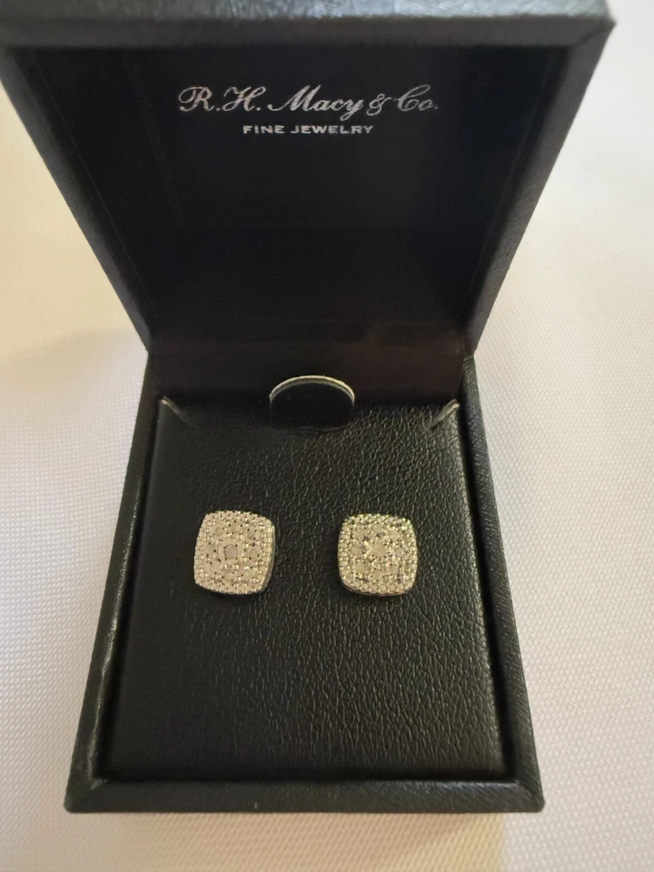 MACYS 925 Sterling Silver Real 1/10CTTW AA7 SS Bridge Diamond Stud Earrings