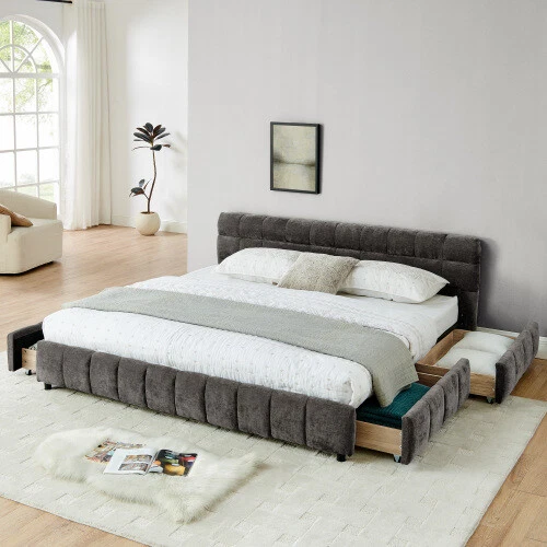 Queen King Size Bed Frames with Storage Drawer Upholstered Platform Bed Bedstead - Image 1 of 4