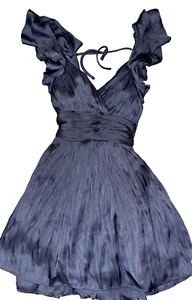 MABLE Dark Gray Cocktail Mini Dress Pleated V-Neck Sleeveless Tie Sash SMALL - Picture 1 of 6